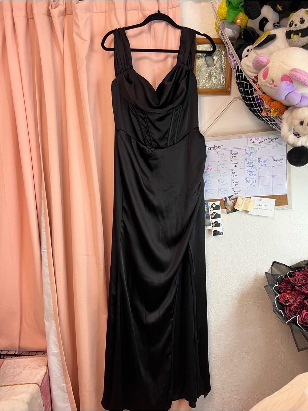 Fashion Nova Black Satin Maxi Dress with Draped Cowl Neck